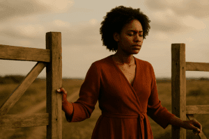 A young African woman stands in soft, golden light near a window, her hands gently clasped as if in reflection or prayer. She wears a simple, earth-toned dress that blends harmoniously with the warm, textured walls around her. Sunlight filters through the window, casting a gentle glow across her face and shoulders, highlighting her calm, introspective expression. The scene feels peaceful and contemplative — capturing a quiet moment of thought, faith, or waiting — set against an atmosphere of stillness and grace.