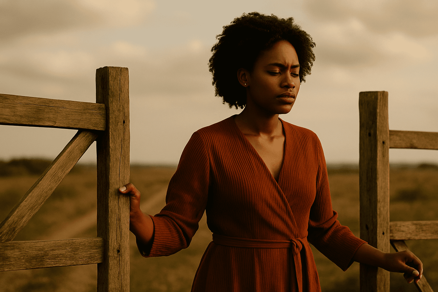 A young African woman stands in soft, golden light near a window, her hands gently clasped as if in reflection or prayer. She wears a simple, earth-toned dress that blends harmoniously with the warm, textured walls around her. Sunlight filters through the window, casting a gentle glow across her face and shoulders, highlighting her calm, introspective expression. The scene feels peaceful and contemplative — capturing a quiet moment of thought, faith, or waiting — set against an atmosphere of stillness and grace.