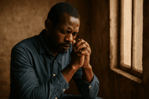 A man sits beside a window with warm sunlight streaming in, his eyes closed and hands clasped tightly in prayer. He wears a dark denim shirt and has a calm but intense expression, reflecting deep concentration or emotion. The background is softly blurred, with earthy brown tones that create a serene, contemplative atmosphere.