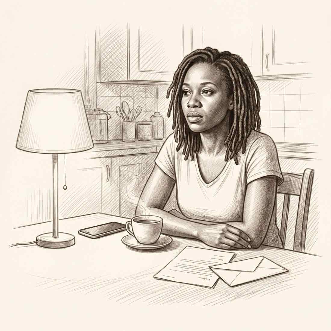 Une femme assise à sa table de cuisine le soir, avec une lampe, une tasse de thé et une lettre fermée.