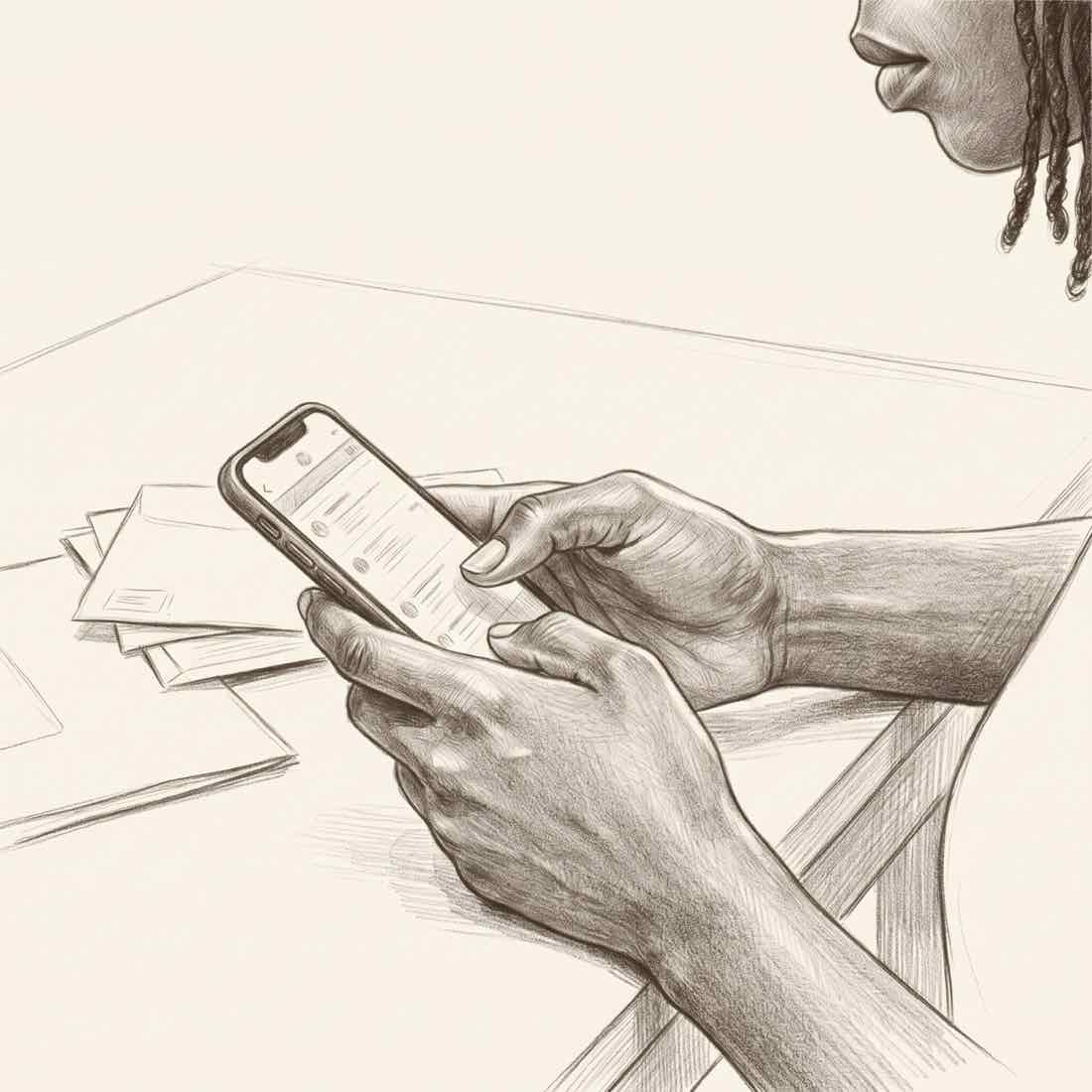 Gros plan de deux mains tenant un téléphone, une pile de courrier fermé à côté.