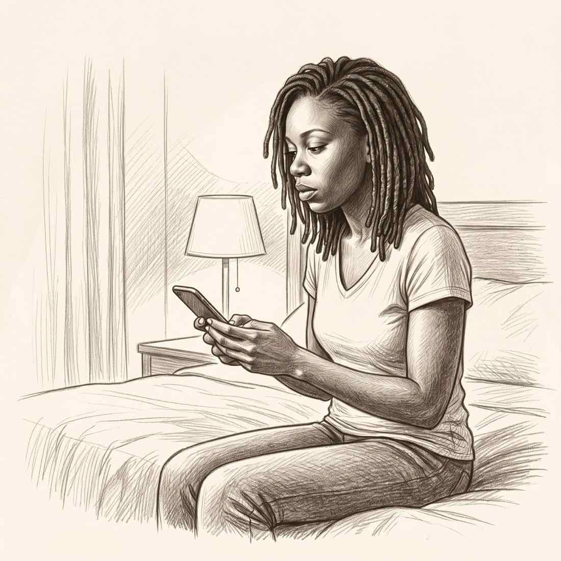 A woman sitting on a bed at night with her phone, a lamp glowing behind her.