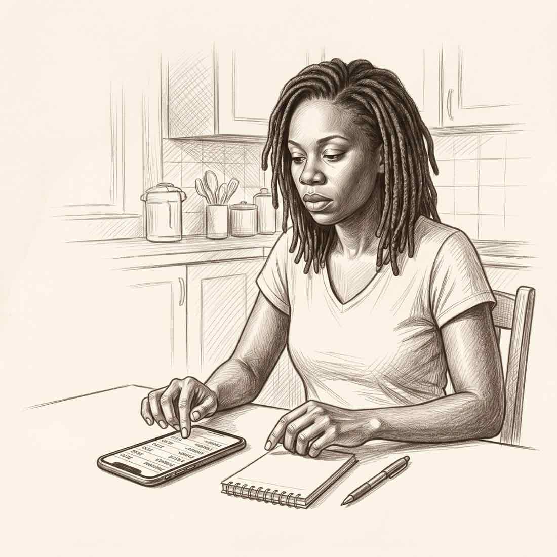 A woman at a table with a phone showing a list of transactions, a notepad and a pen beside it.