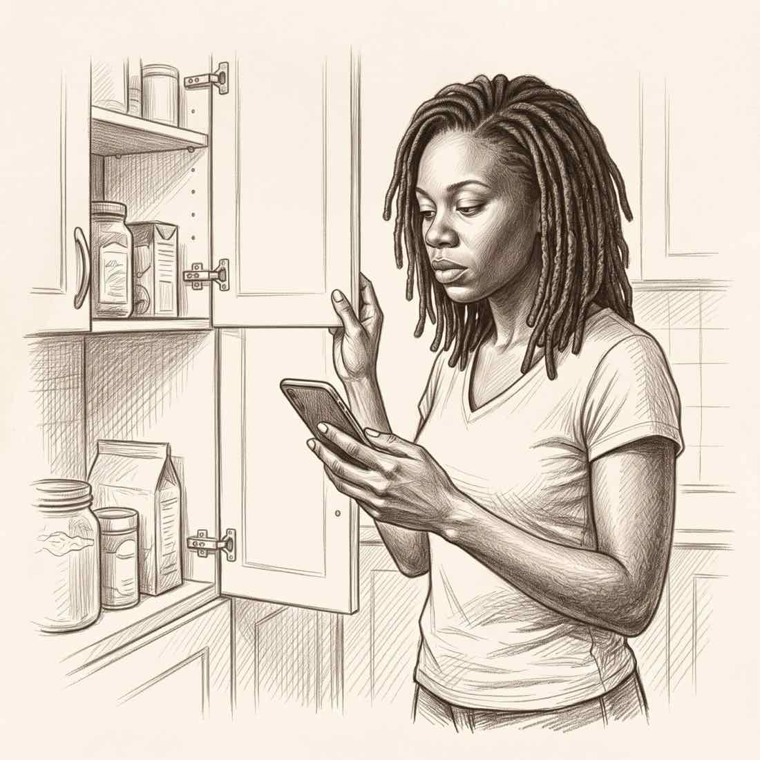 A woman at an open kitchen cupboard, phone in hand, jars and packets on the shelf.