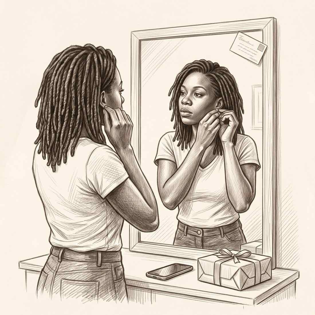 A woman at a mirror fastening an earring, a gift and her phone on the dresser.