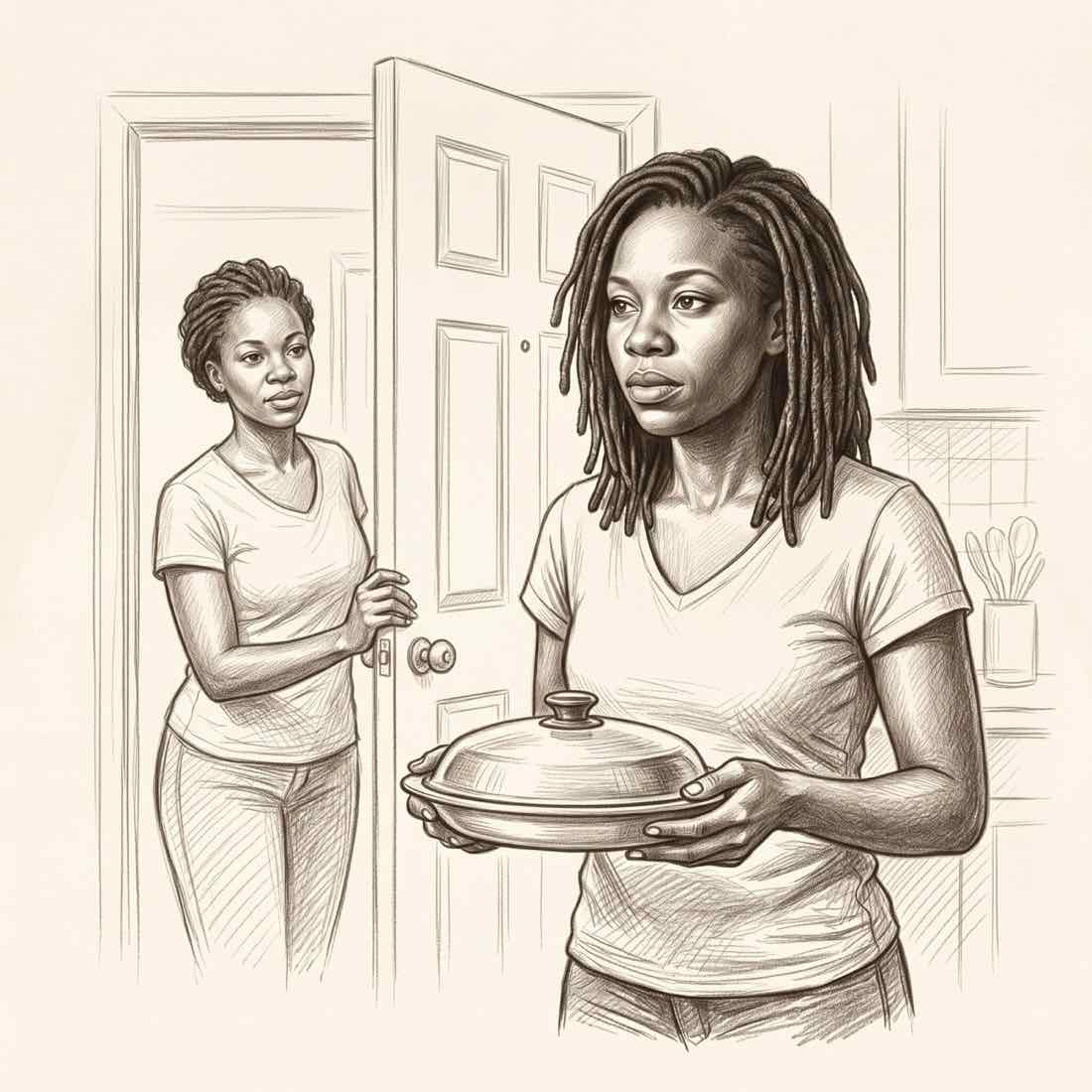 A woman at a front door holding a covered dish, another woman welcoming her in.