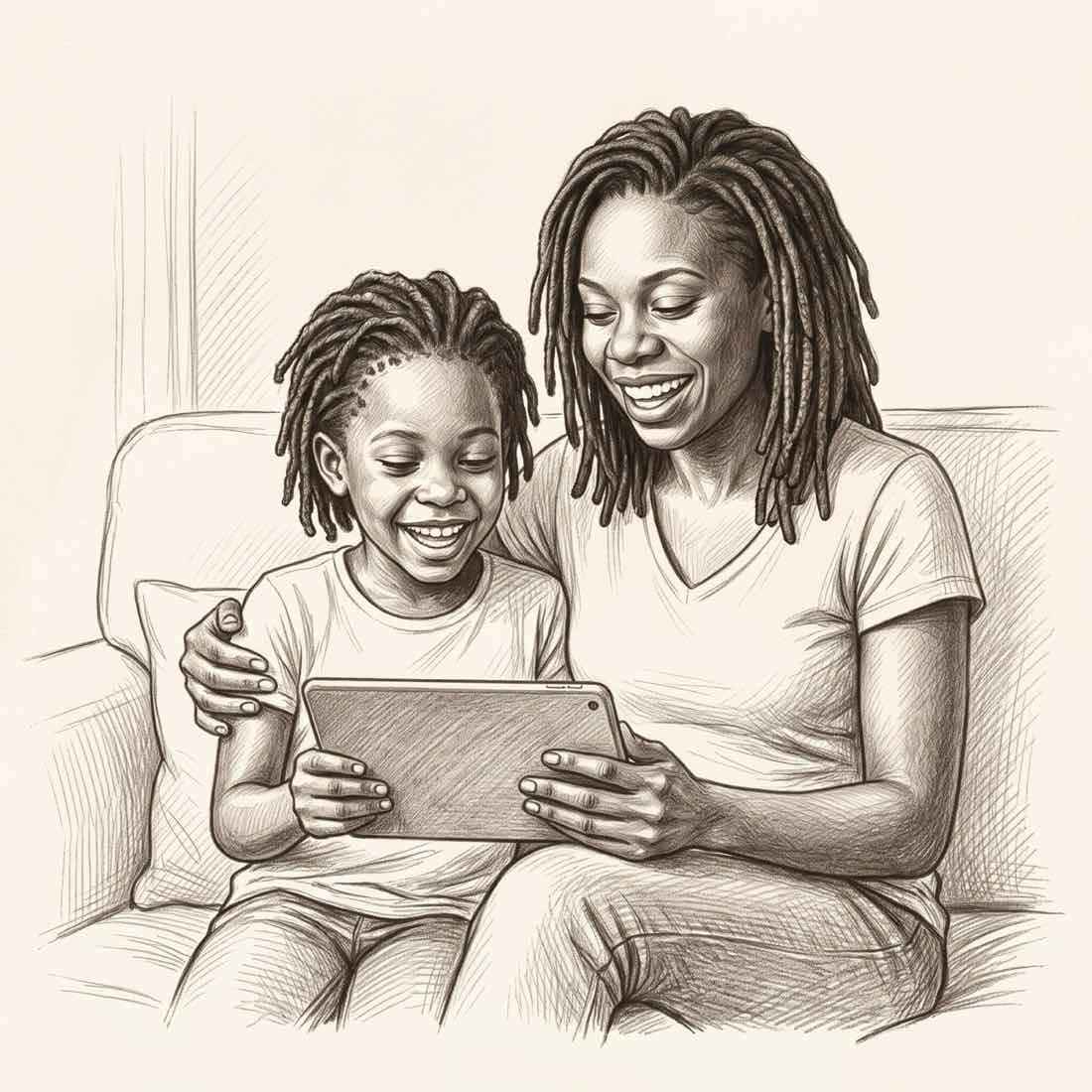 A woman and a child sitting together on a sofa, both laughing at something on a tablet.