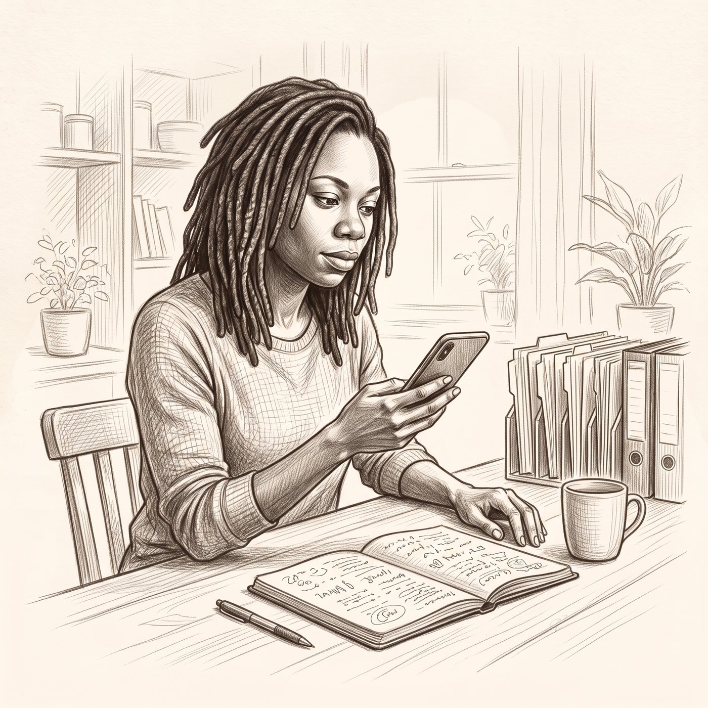 Une femme à son bureau, un téléphone à la main, un carnet ouvert et une rangée de classeurs bien rangés à côté d’elle.