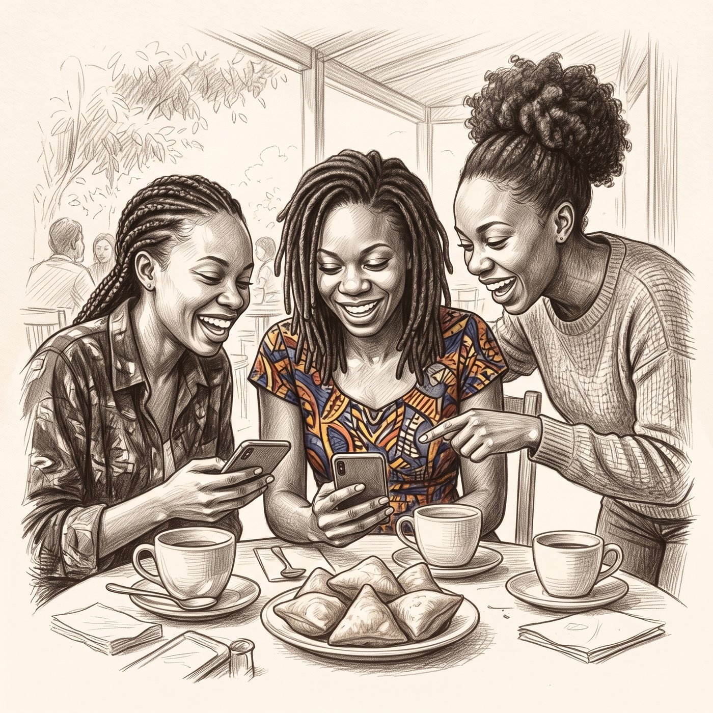 Trois amies à une table de café comparent les applications sur leurs téléphones en riant, du thé et des samoussas devant elles.