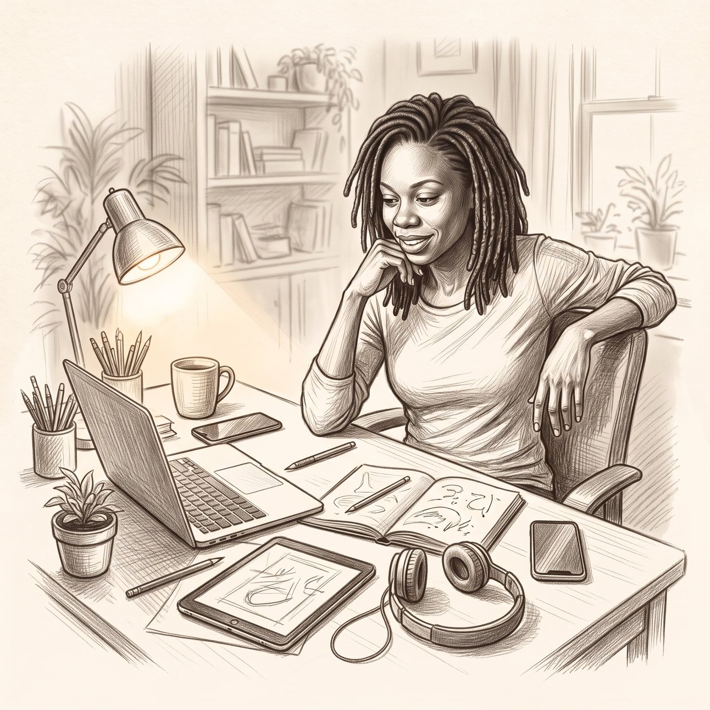 Un bureau vu de près : un ordinateur, une tablette avec un croquis, un casque, un téléphone et une tasse, et une femme qui sourit en travaillant.