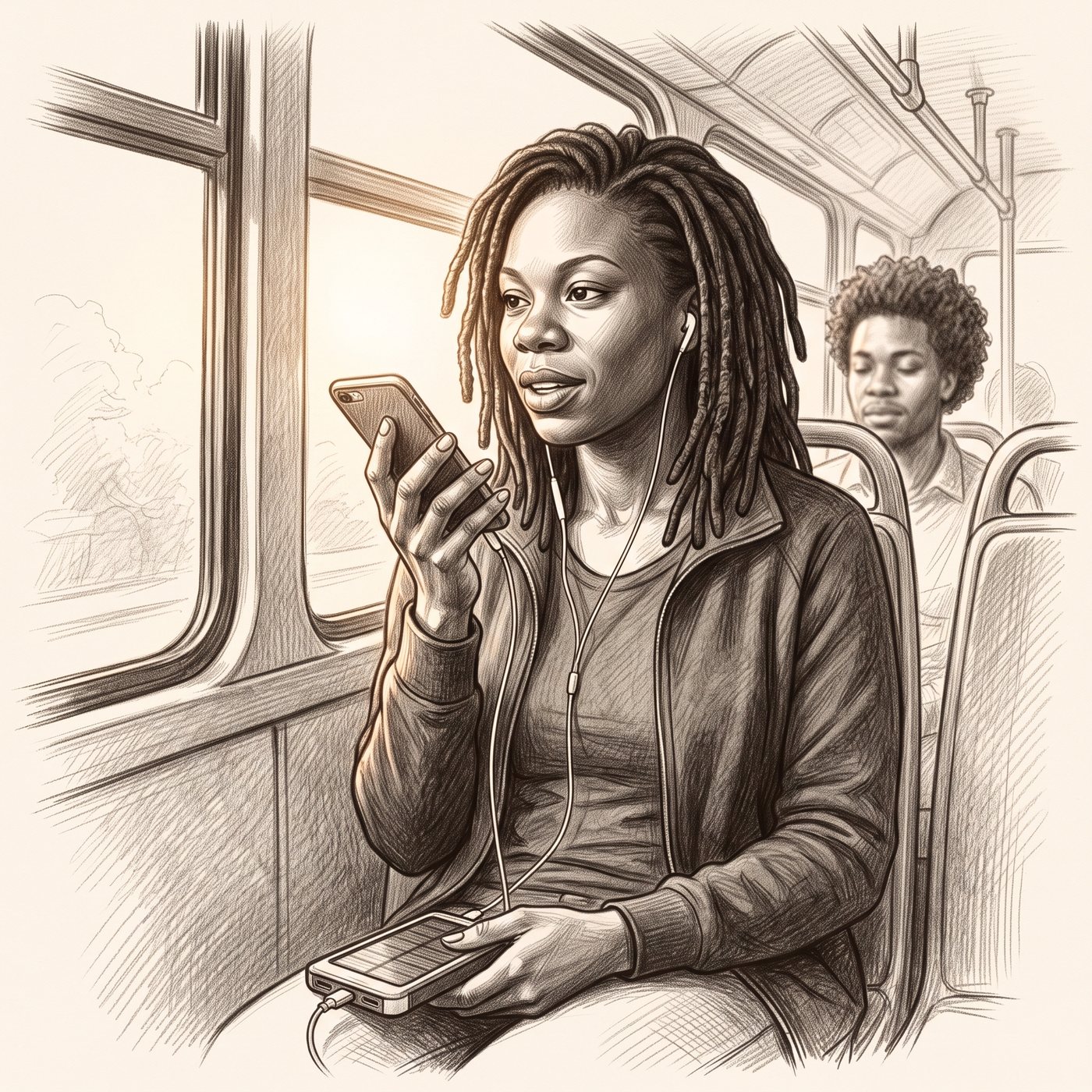 Une femme dans un minibus à la lumière dorée, écouteurs aux oreilles, parlant à son téléphone, une petite batterie solaire sur les genoux.