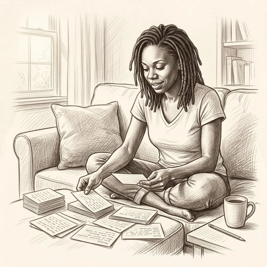 Une femme assise en tailleur sur un canapé, triant des fiches manuscrites en petites piles, l’air content.