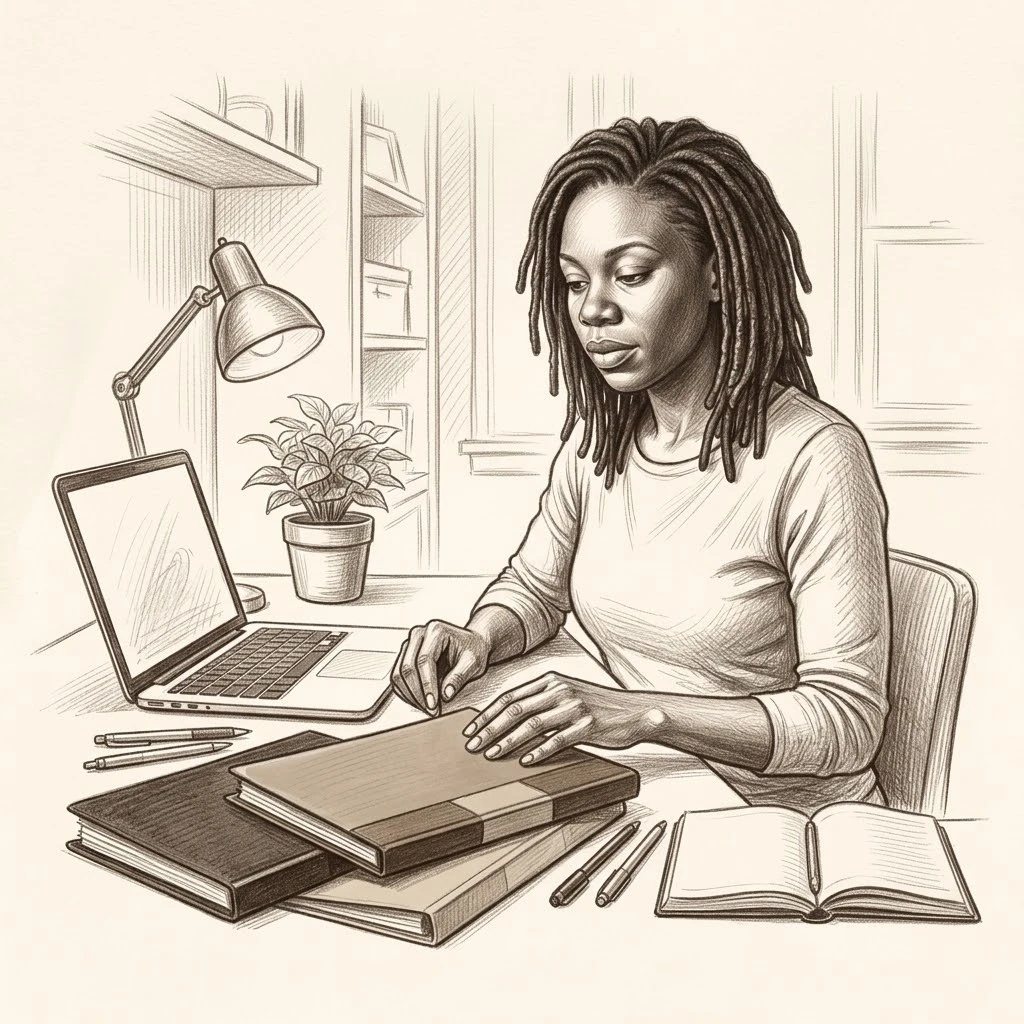 A woman at a tidy desk with a laptop, a stack of notebooks, a lamp and a small plant, deciding where everything goes.