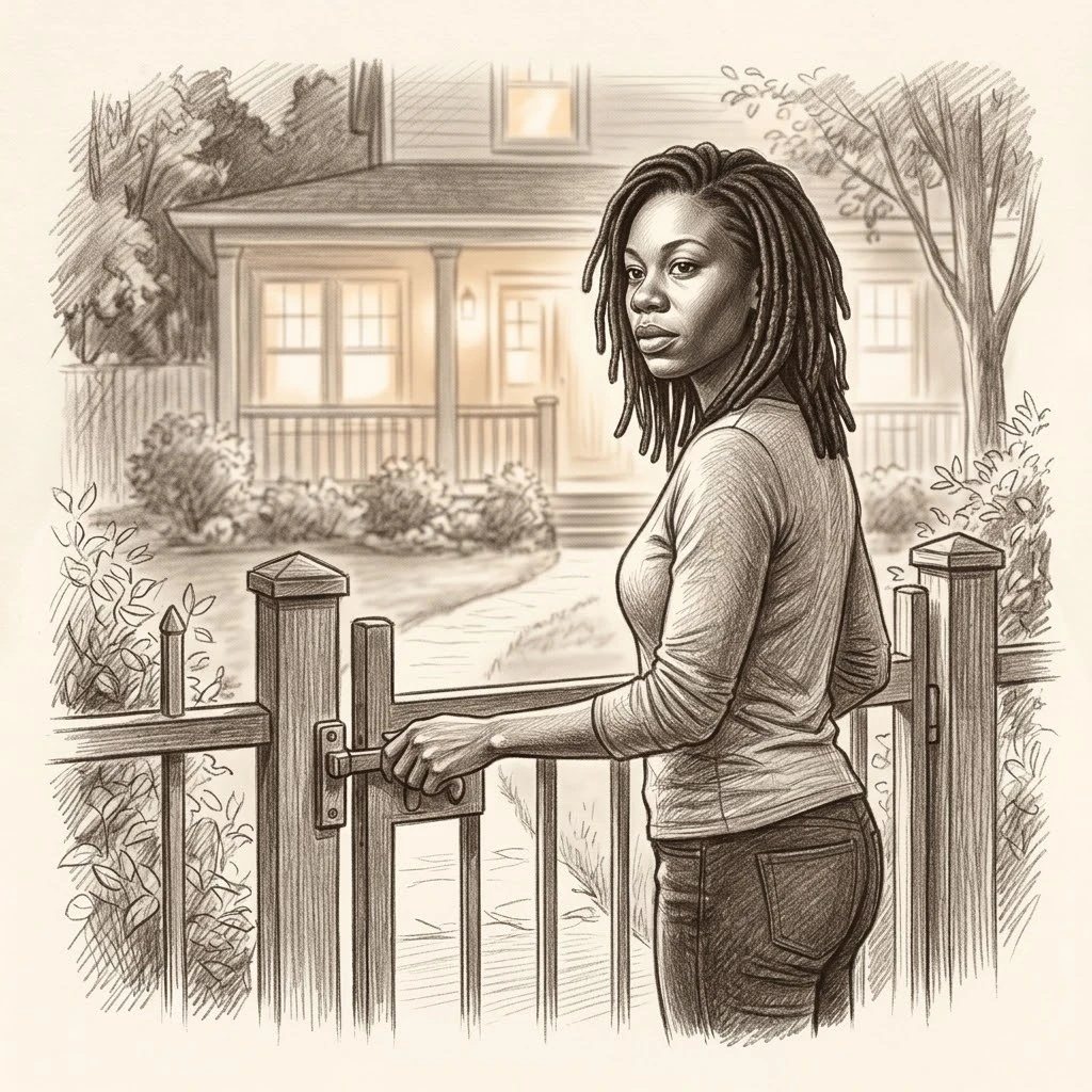 Une femme à un portail de jardin le soir, une main sur le loquet, une maison chaleureusement éclairée derrière elle.