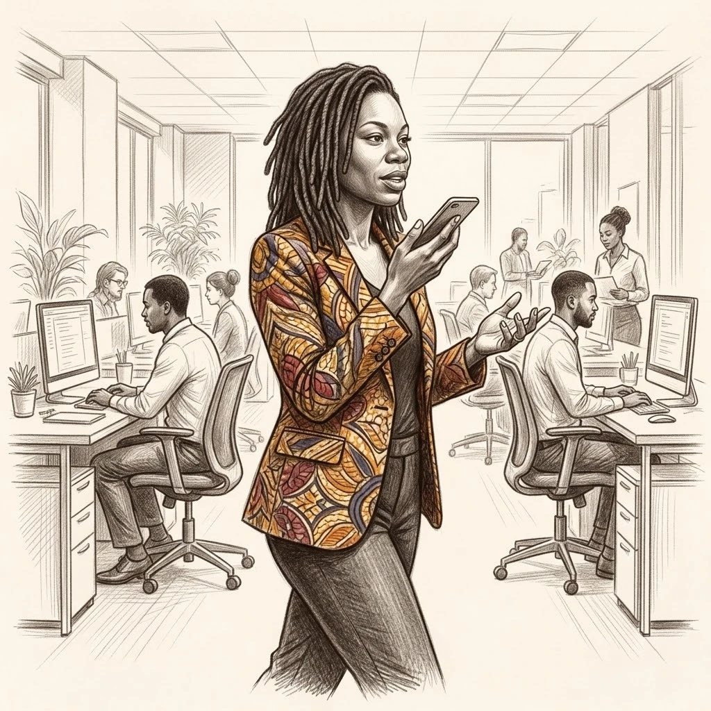 Une femme en veste en wax traverse un bureau animé, parlant à son téléphone pour expliquer son travail.