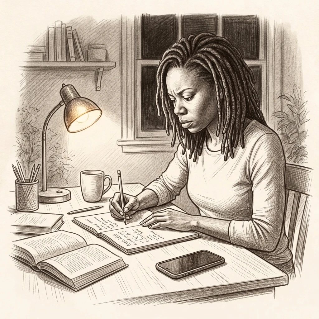 Une femme à un bureau éclairé par une lampe, la nuit, le front plissé, écrivant dans un carnet, un téléphone à côté.