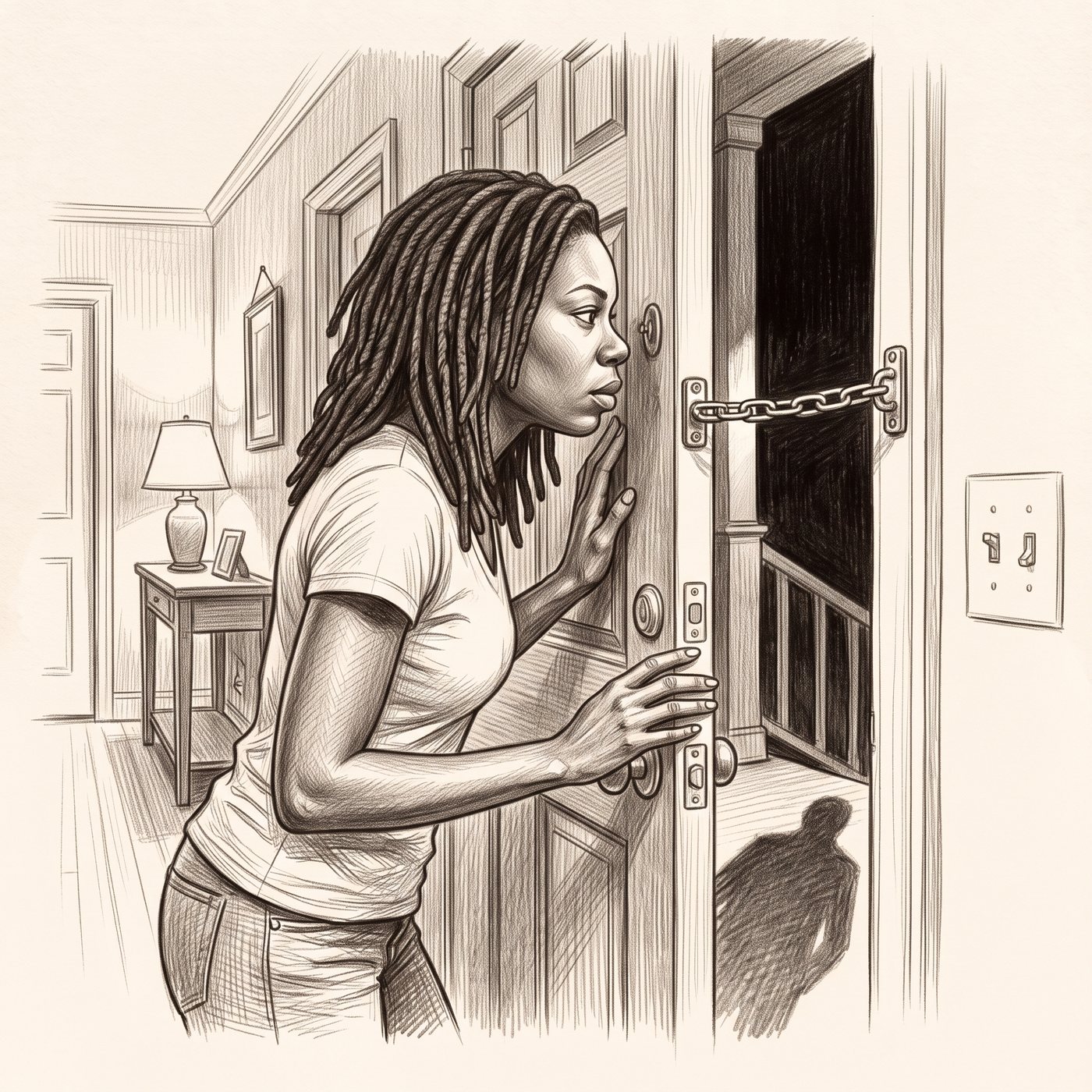Une femme regarde par une porte retenue par sa chaîne, aux aguets, une ombre sur le seuil.