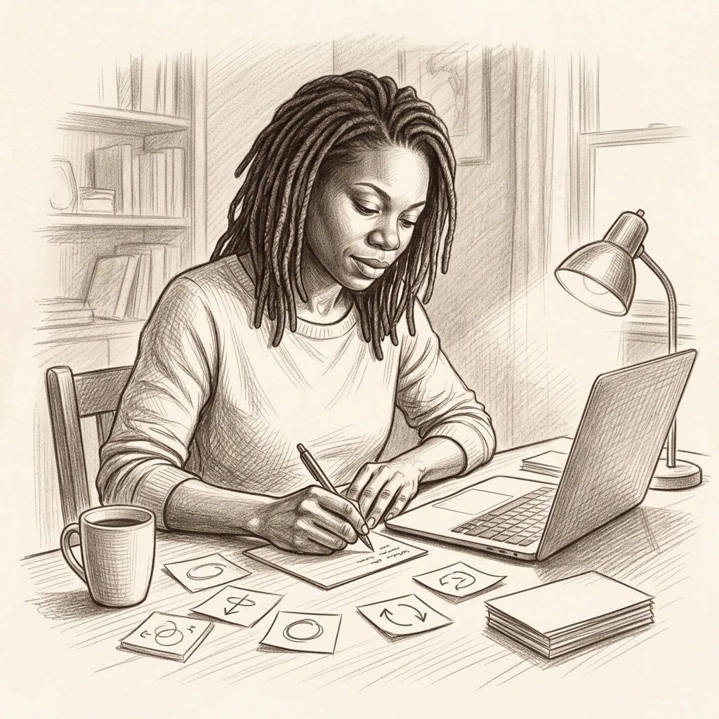 A woman writing on a sheet of paper beside her laptop, with small cards marked with circles and arrows laid out on the table.