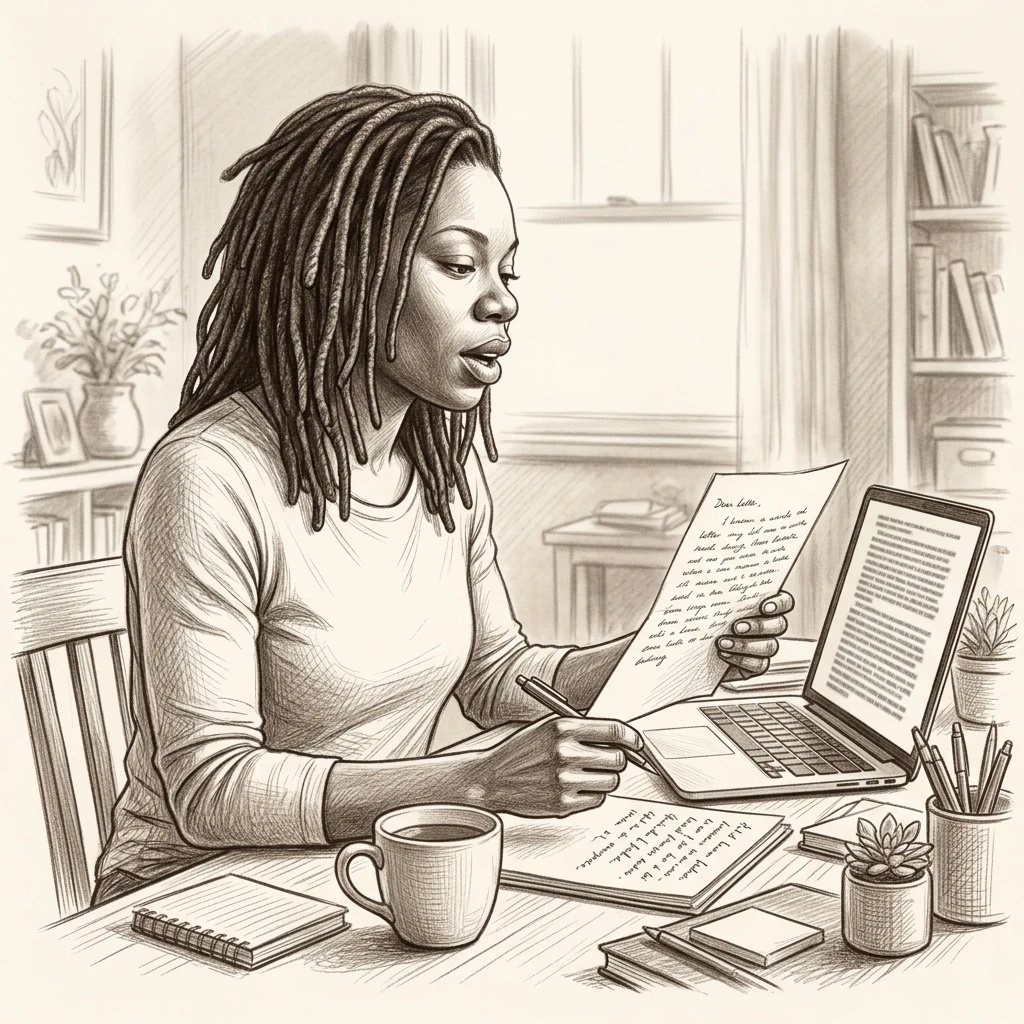 A woman reading aloud from a handwritten letter, a laptop open beside her and a pen in her hand.