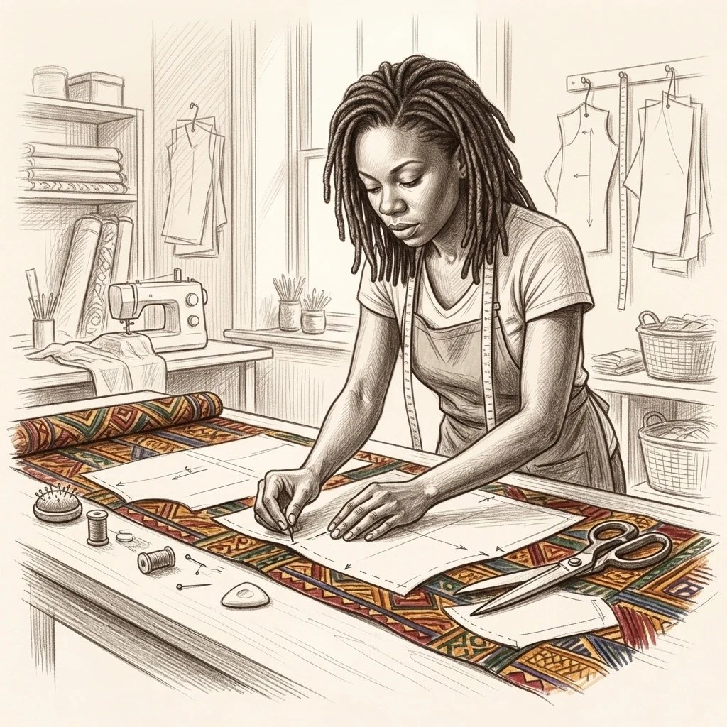 A woman tailor marking a paper pattern laid over kente-style cloth, scissors and thread beside her.
