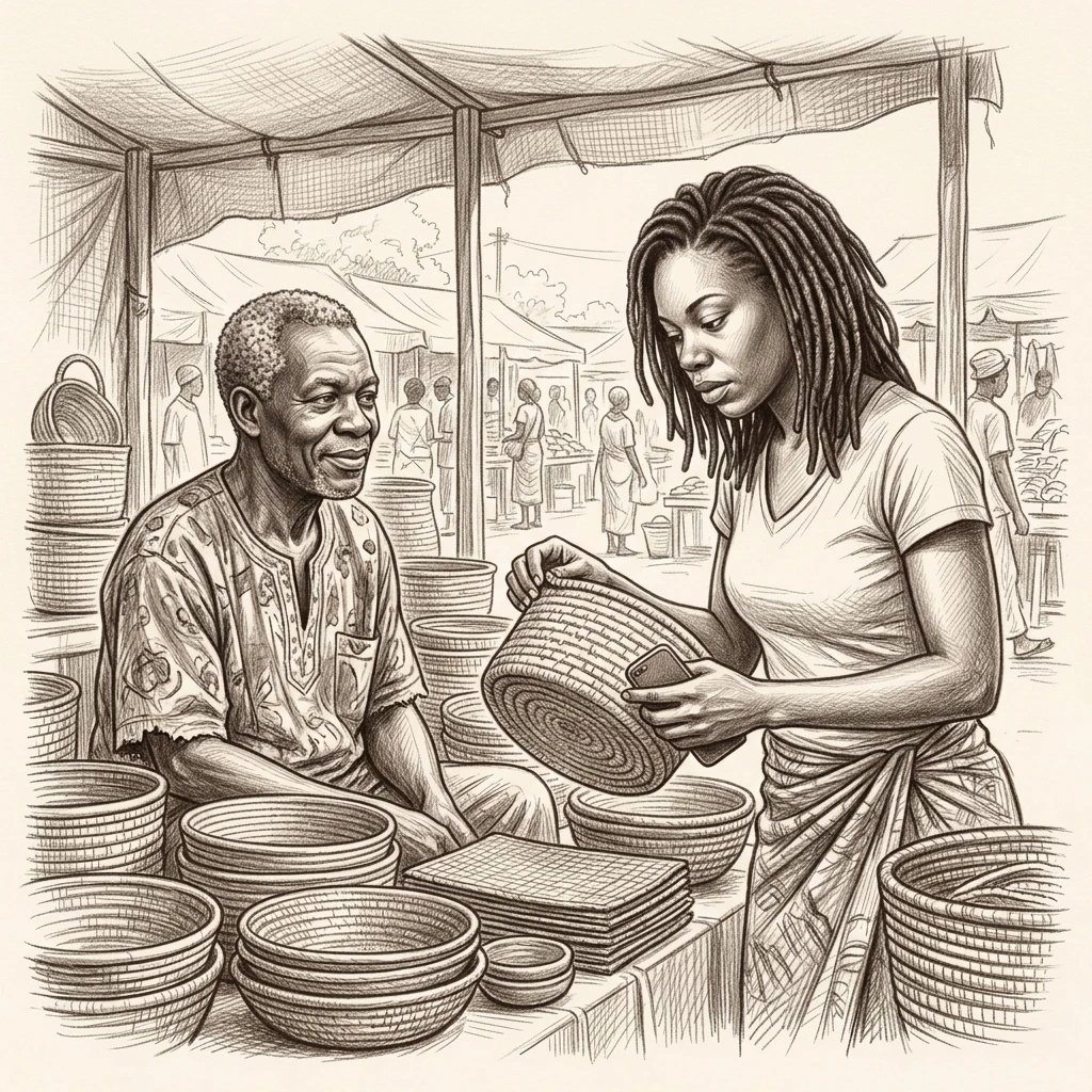 A woman at a market stall checking a woven basket and holding her phone while the seller looks on.