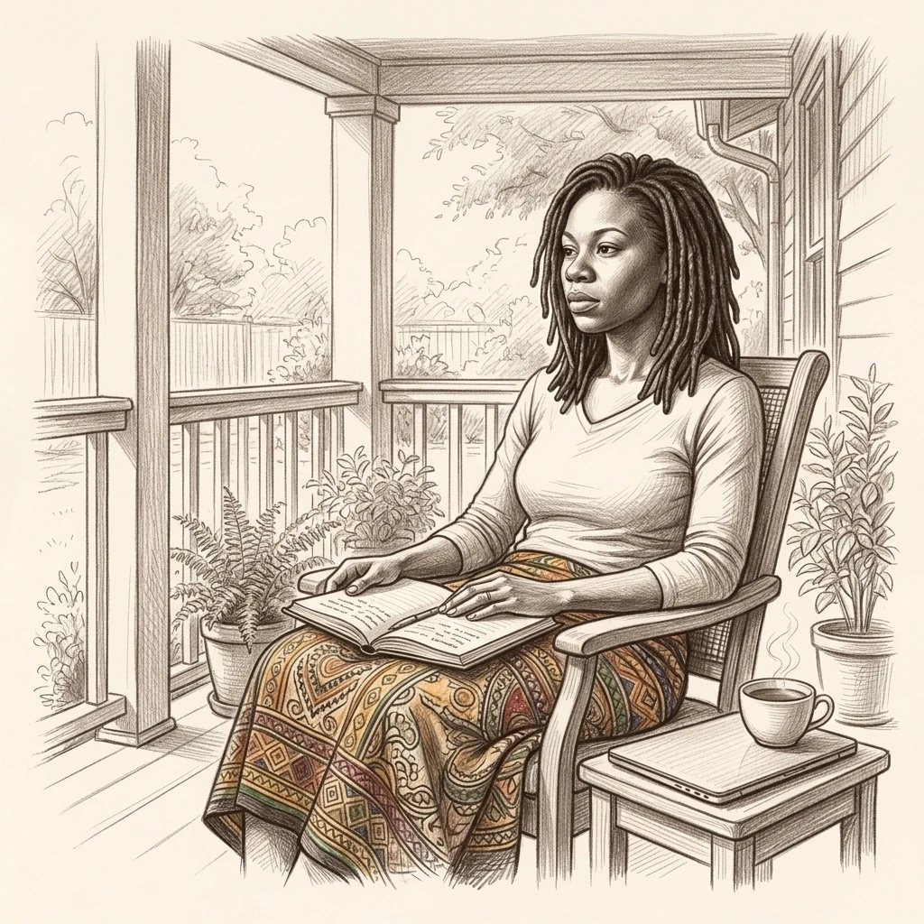 A woman on a porch with a notebook open on her patterned skirt, a cup of tea and a closed laptop beside her.