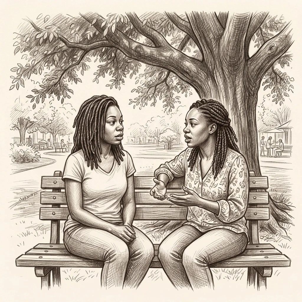 Two women talking candidly on a park bench under a large tree.
