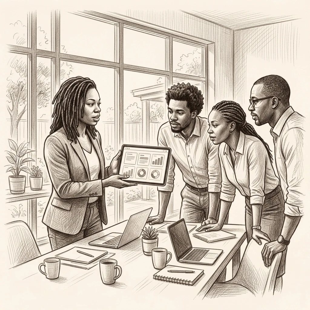 A woman showing a tablet with charts and tools to three colleagues around a table.