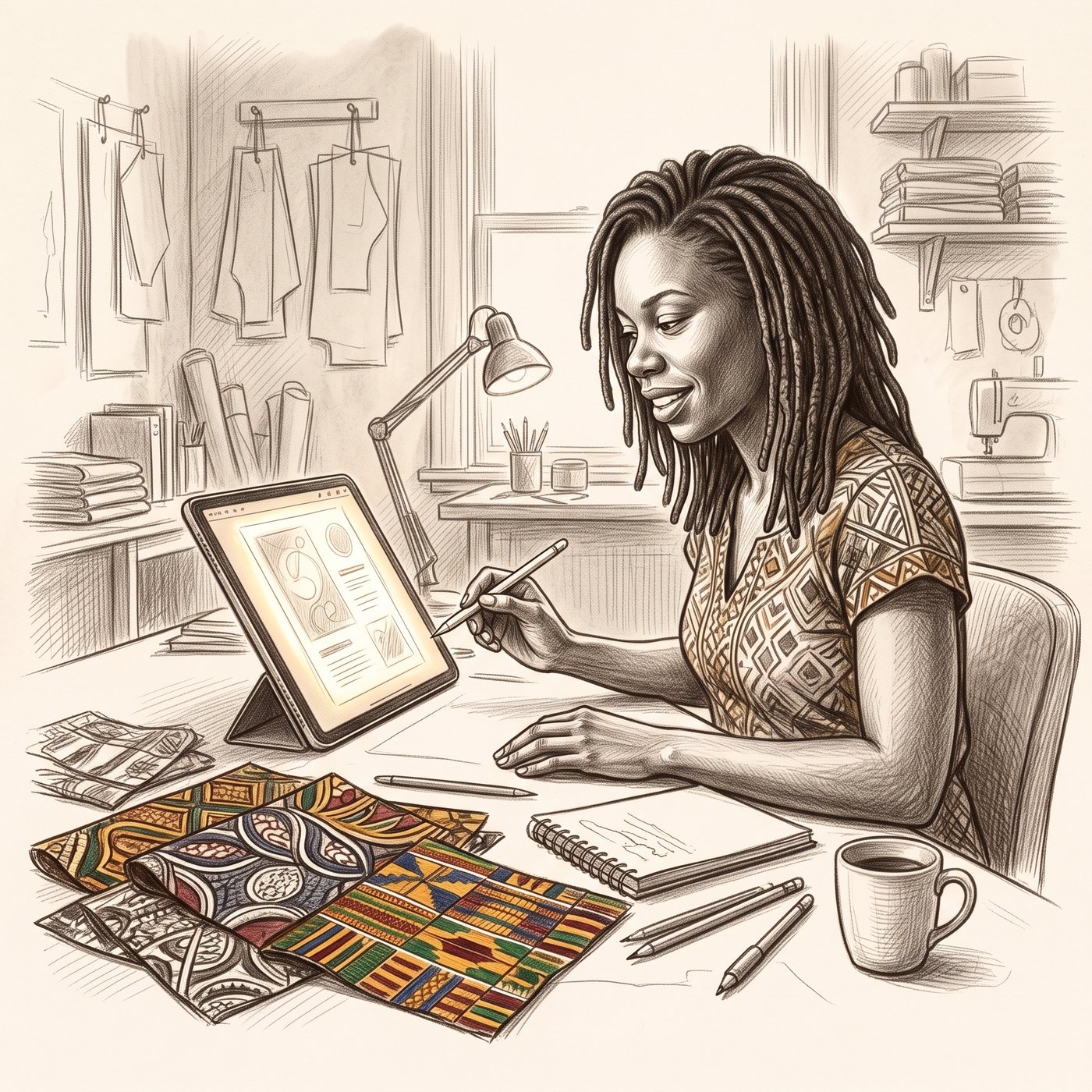 A woman drawing on a tablet at her desk, bright African print fabrics laid out beside her.