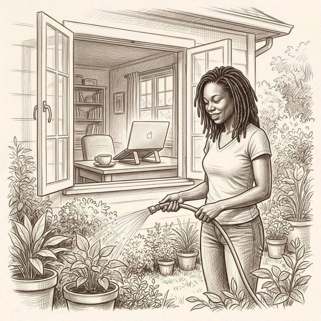 A woman watering her garden while her laptop sits working at a desk in the room behind the open window.