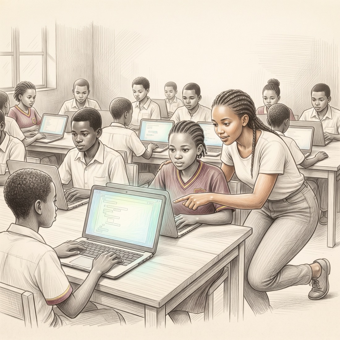 A classroom in Kigali full of teenagers at laptops, a young woman teacher kneeling to help a student.