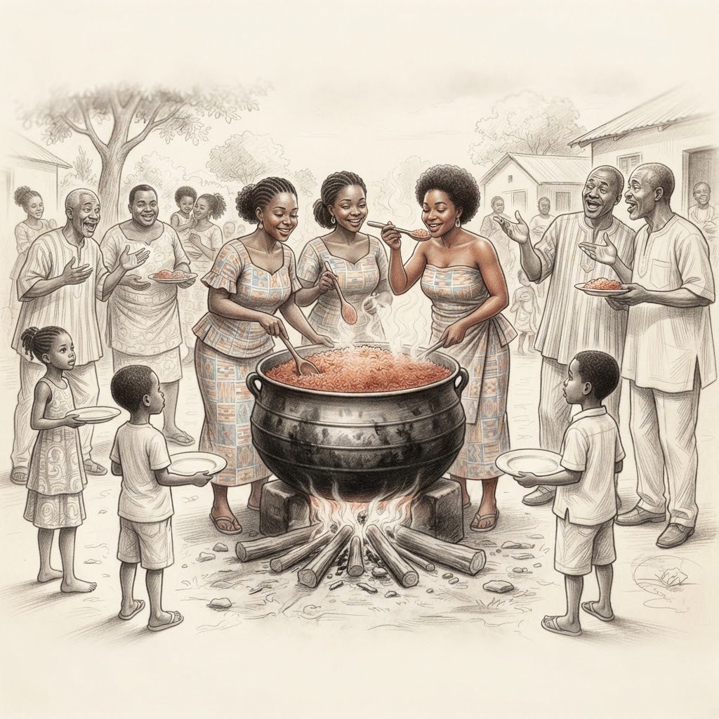 Une fête de famille autour d’une grande marmite fumante sur un feu de bois, des femmes qui remuent et des enfants avec leurs assiettes.