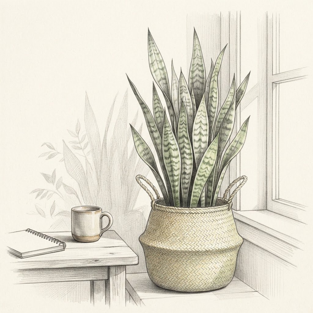 A tall snake plant in a woven basket beside a sunny window, a mug and a notebook on a small table.