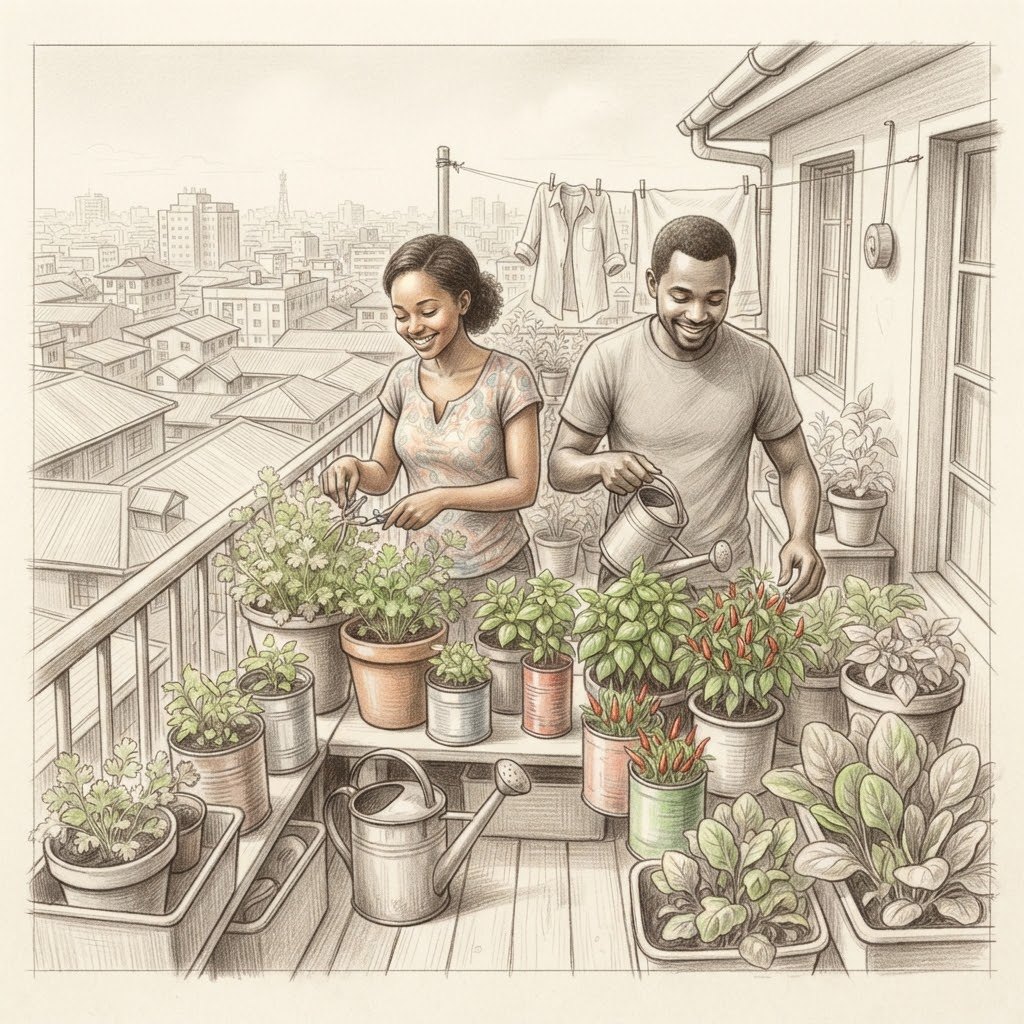 Un couple s’occupe d’un balcon chargé d’herbes et de piments au-dessus des toits de la ville.