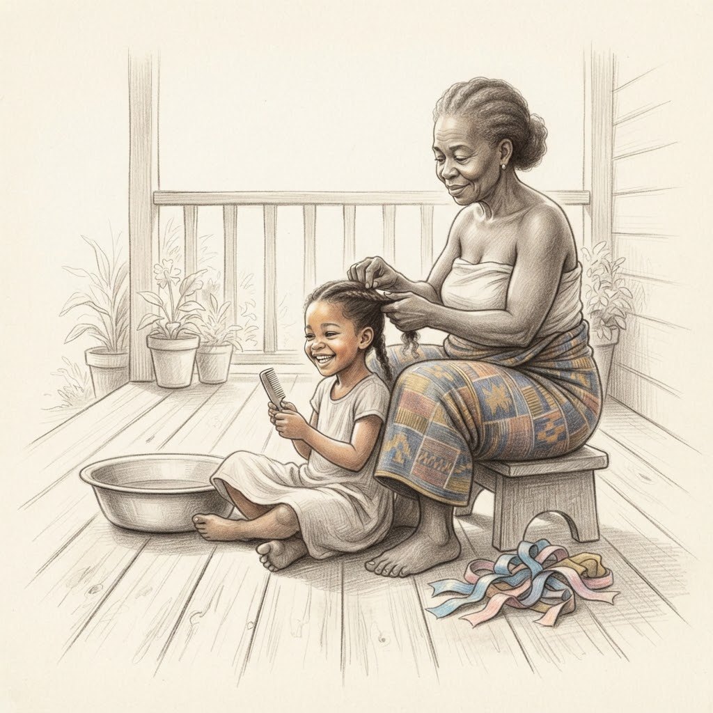 Une grand-mère tresse les cheveux de sa petite-fille sur une véranda, la fillette sourit.