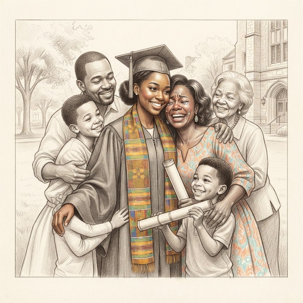 Une diplômée en toge et toque serrée dans les bras de toute sa famille, une étole en kente sur les épaules.
