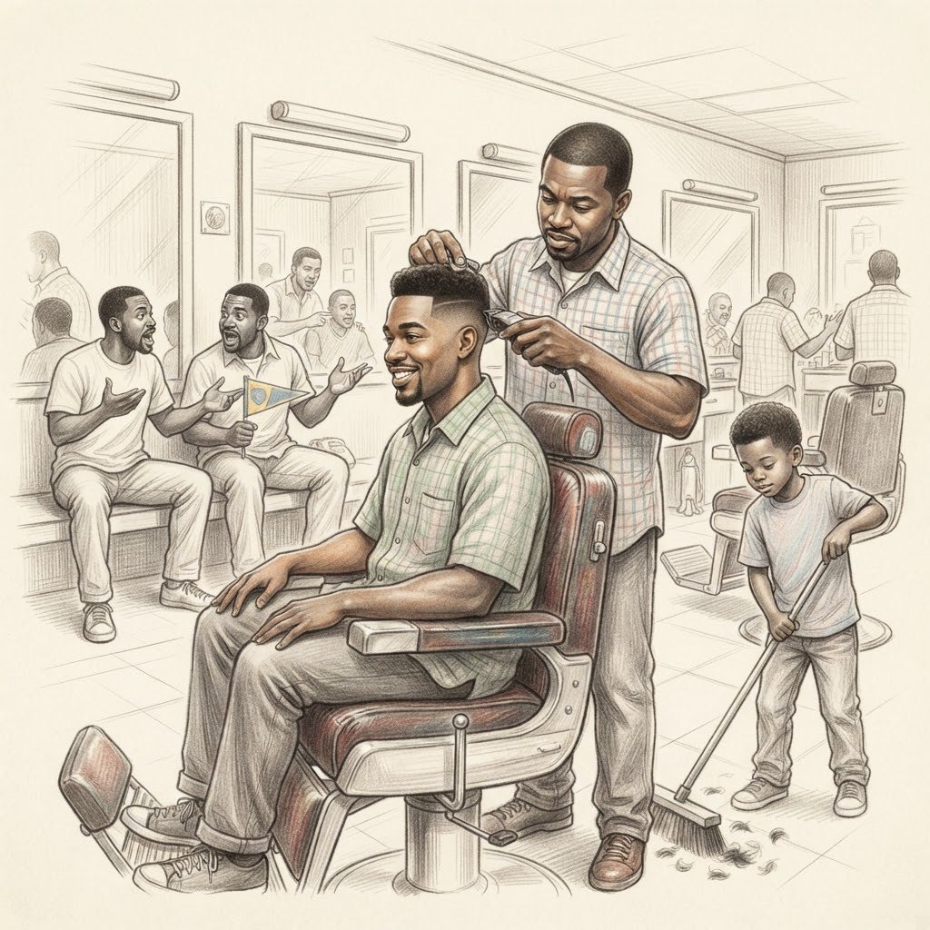 Un salon de coiffure animé, le barbier dessine une coupe pendant que des amis rient et qu’un garçon balaie.