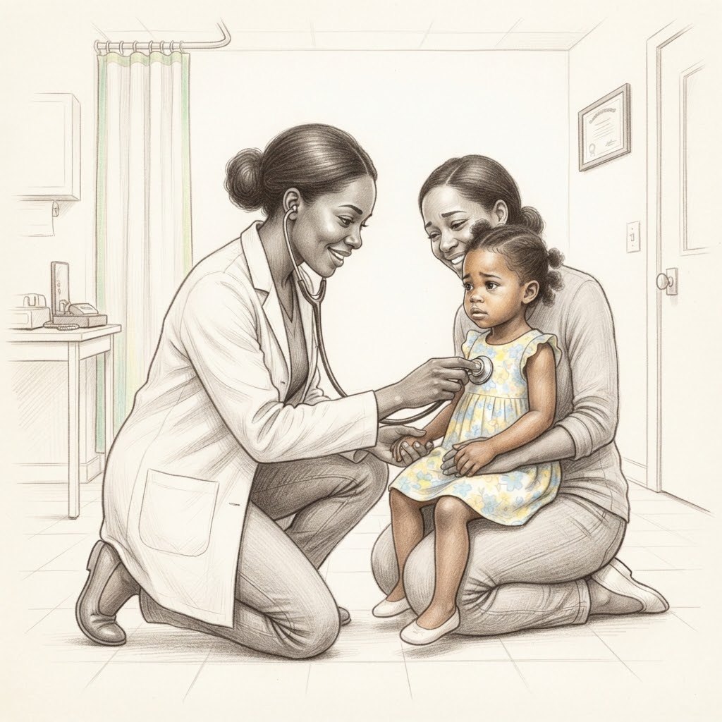 Une médecin agenouillée écoute la poitrine d’une petite fille pendant que sa mère lui tient la main.