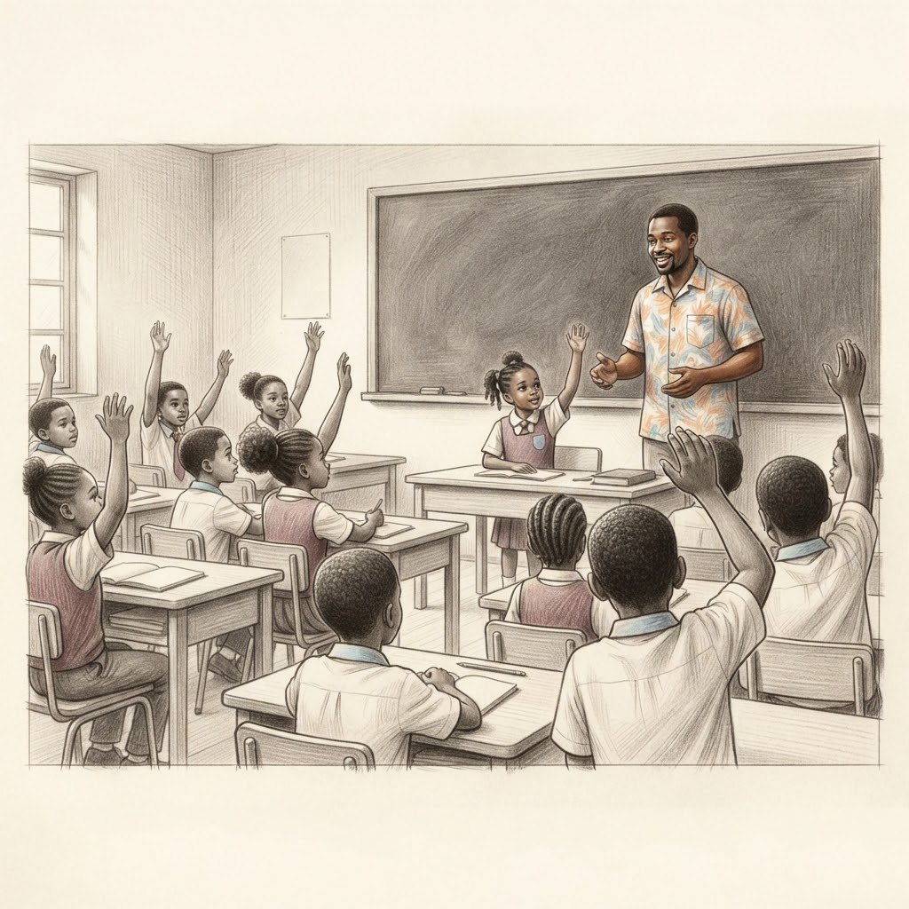 Un enseignant devant un tableau noir et une classe d’élèves, mains levées.