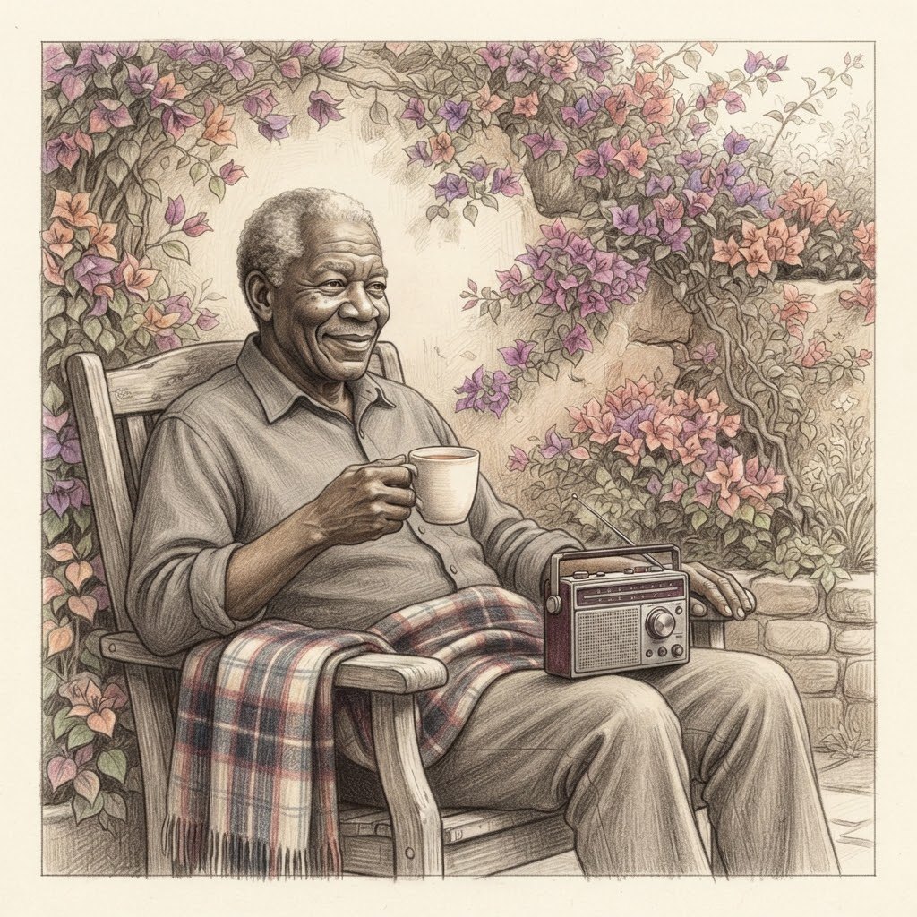 Un aîné dans un fauteuil de jardin, une petite radio sur les genoux et une tasse de thé, souriant en écoutant.