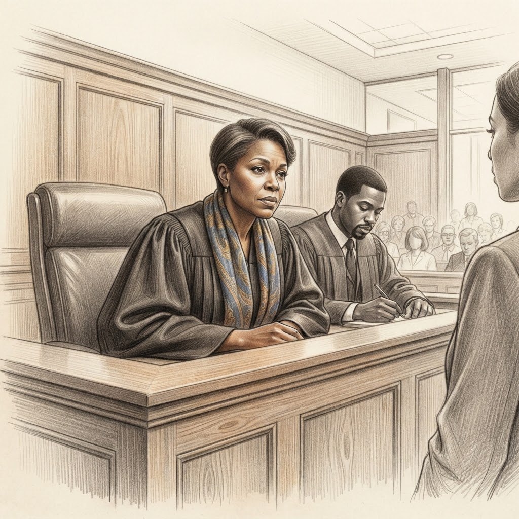 A woman judge in dark robes leaning forward to listen carefully in a modern courtroom.
