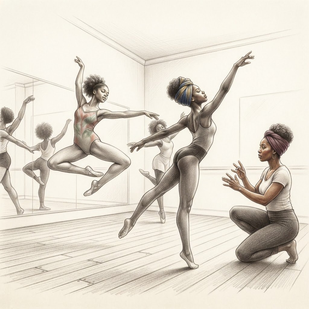 Young dancers mid-leap in a bright studio while a teacher counts the movement.