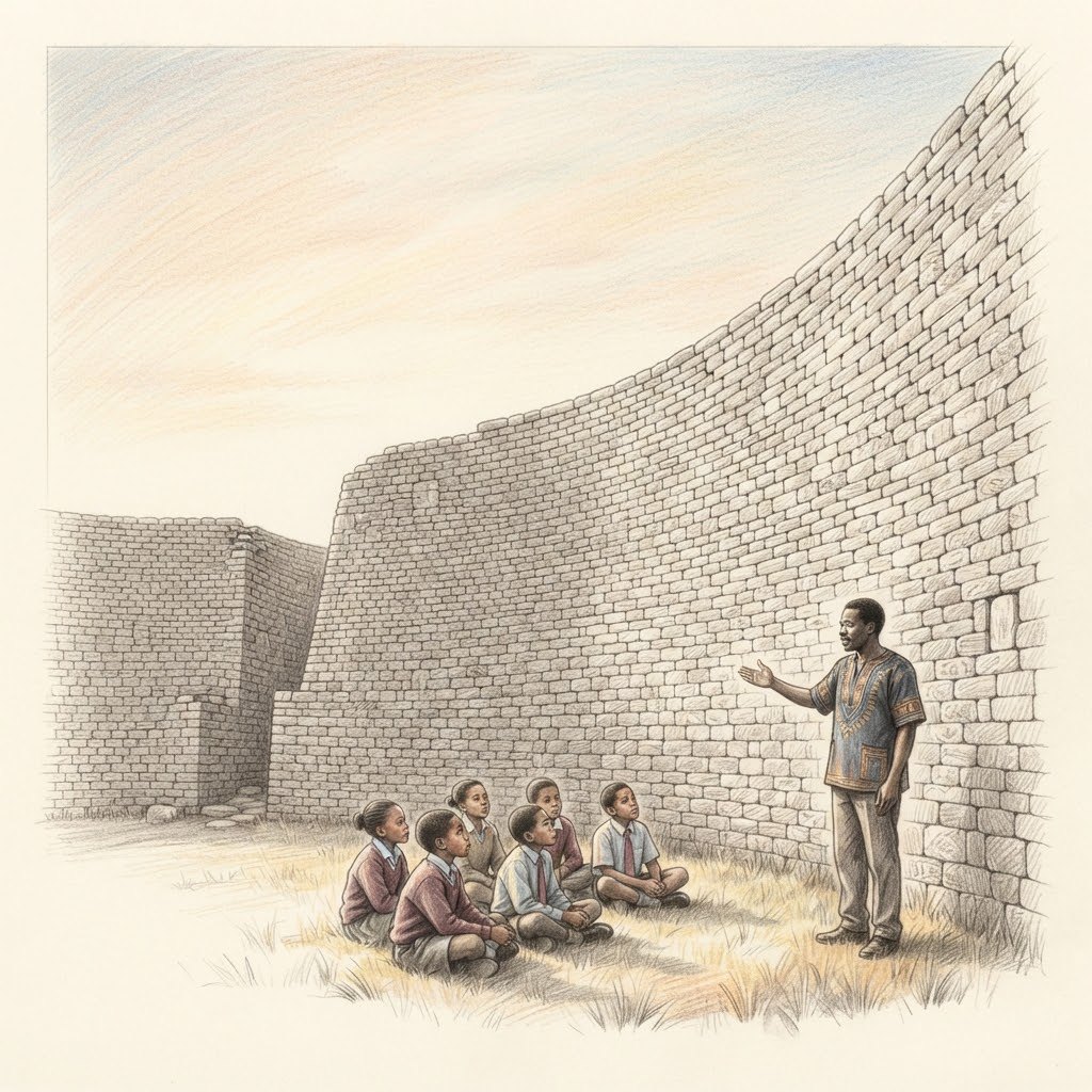 Le grand mur de pierre courbe de Great Zimbabwe, un guide parlant à des enfants assis sur l’herbe.