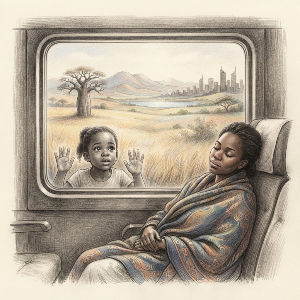 Une petite fille colle son visage à la vitre d’un train pendant que les paysages d’Afrique défilent, sa mère endormie à côté d’elle.